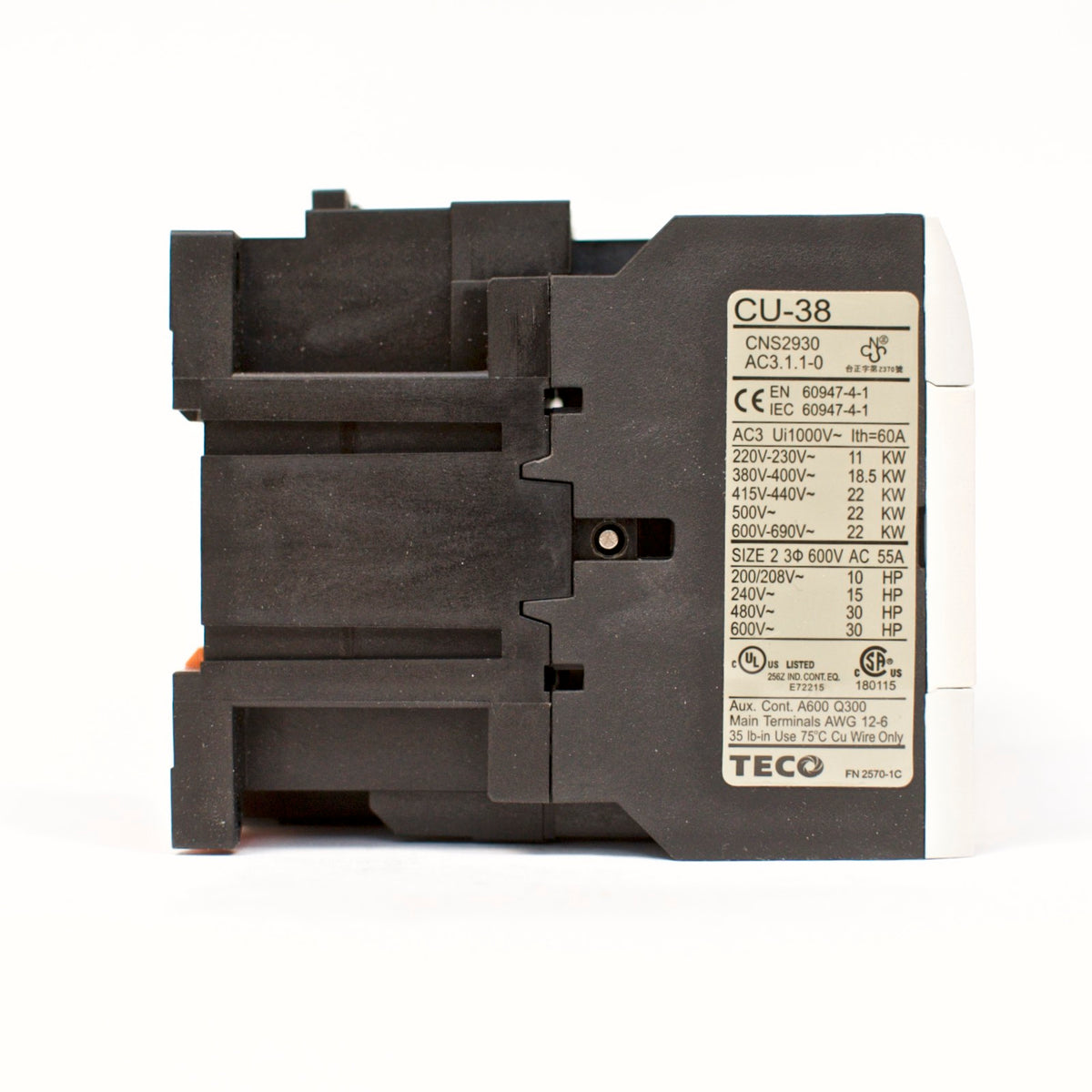 TECO CU-38 magnetic contactor, 55A, 3 phase, 110v coil, 3A1a1b (NO and NC)