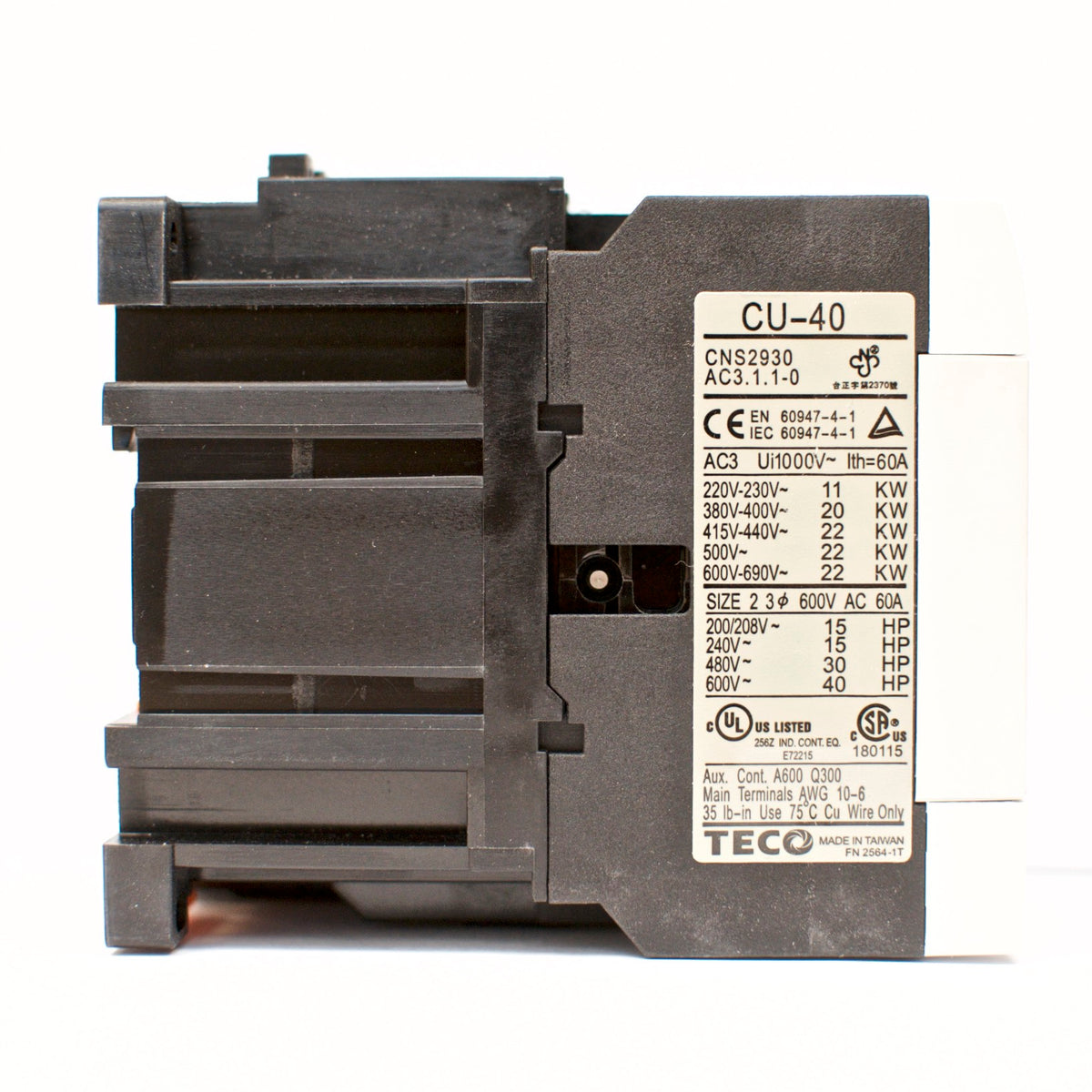 TECO CU-40 magnetic contactor, 60A, 3 phase, 110V coil, 3A1a1b (NO and NC)