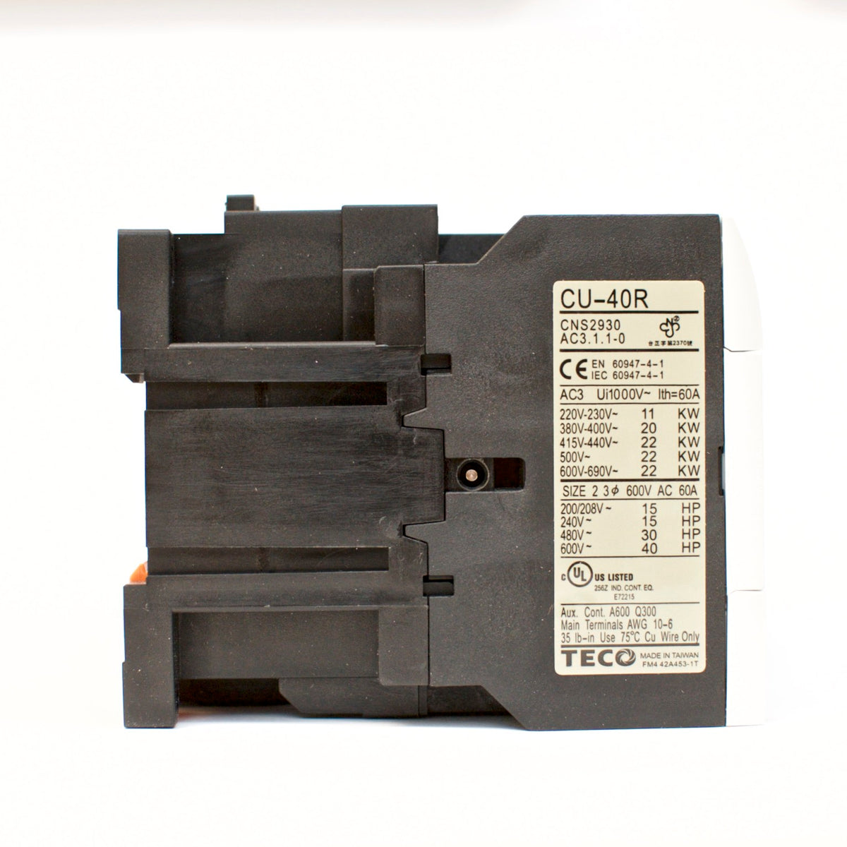 TECO CU-40R magnetic contactor, 60A, 3 phase, 220V coil,3A1a1b NO/NC Repl CU-40