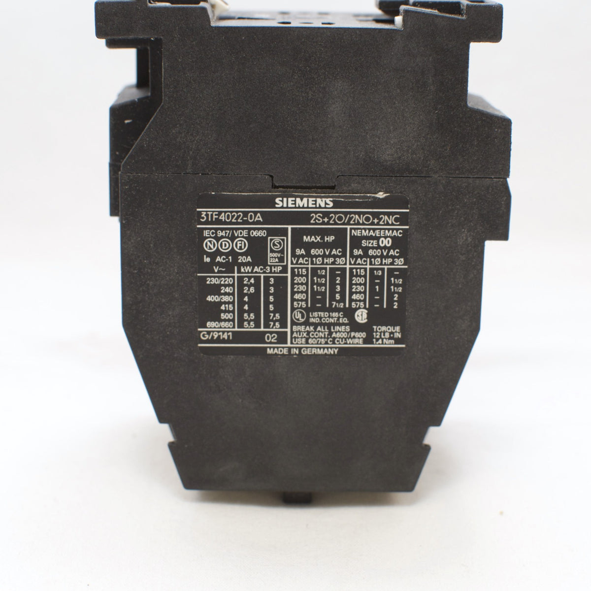 Siemens Contactor 3TF40 22-0A (3TF4022-0A) 2NO+2NC, 24V coil