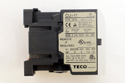 TECO CU-11 magnetic contactor, 24A, 3 phase, 110V coil 3A1b N/C (TAIAN CN-11)