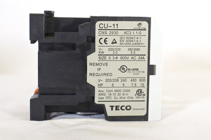 TECO CU-11 Magnetic Contactor, 24A, 3 phase,  220V coil,  3A1b, Normally Closed