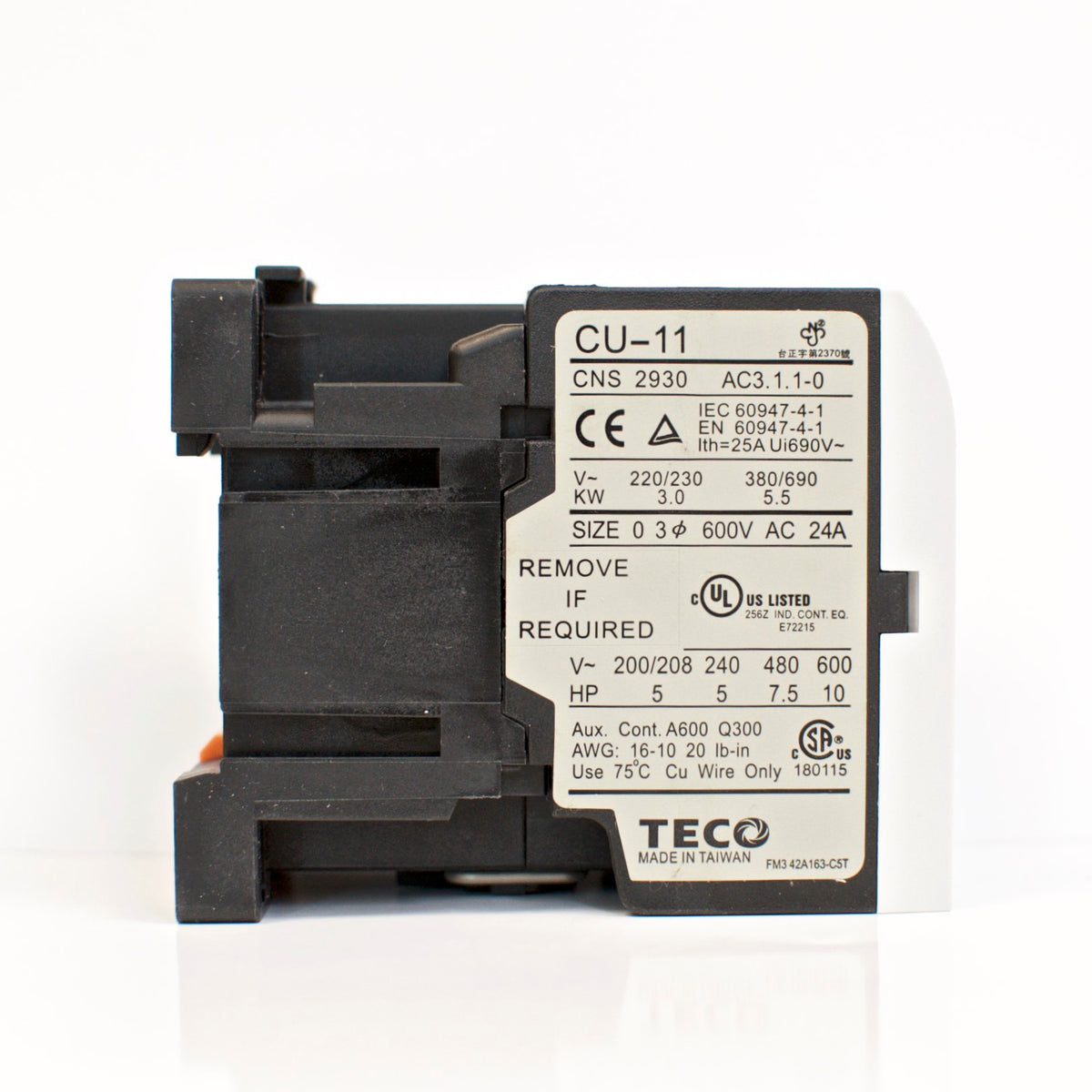 TECO CU-11 magnetic contactor, 3 phase, 480V coil, 3A1a N/O, Normally Open