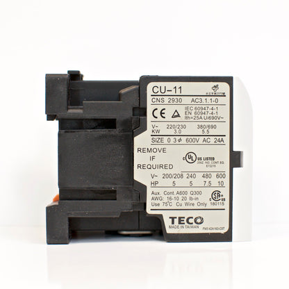 TECO CU-11 magnetic contactor, 3 phase, 480V coil, 3A1a N/O, Normally Open