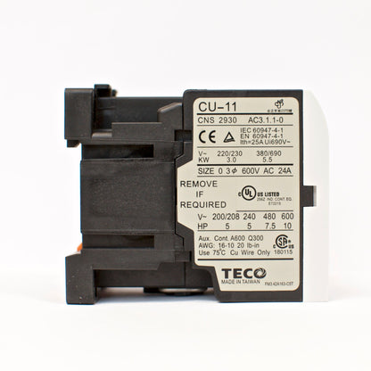 TECO CU-11 magnetic contactor, 3 phase, 480V coil, 3A1b N/C, Normally Closed