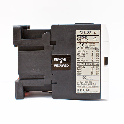 TECO CU-32R magnetic contactor, 50 Amp, 3 phase, 220v coil, 3A1a1b (NO and NC)