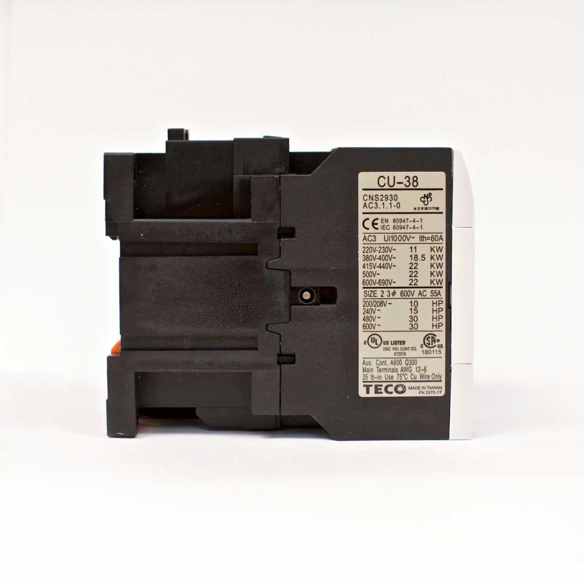 TECO CU-38 magnetic contactor, 55A, 3 phase, 220v coil, 3A1a1b (NO and NC)