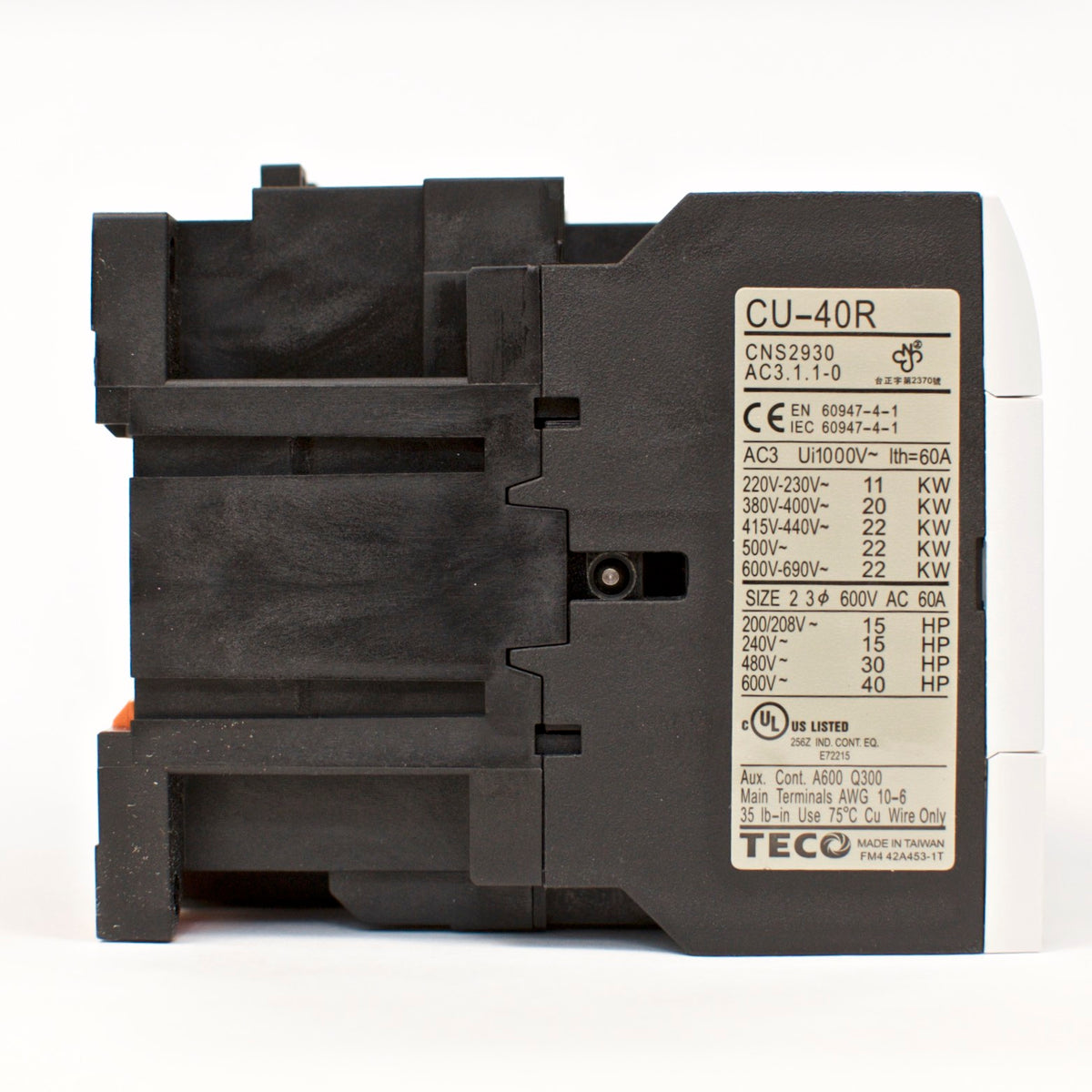 TECO CU-40R magnetic contactor, 60A, 3 phase, 110V coil, 3A1a1b NO/NC Repl CU-40