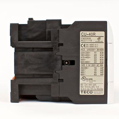 TECO CU-40R magnetic contactor, 60A, 3 phase, 110V coil, 3A1a1b NO/NC Repl CU-40