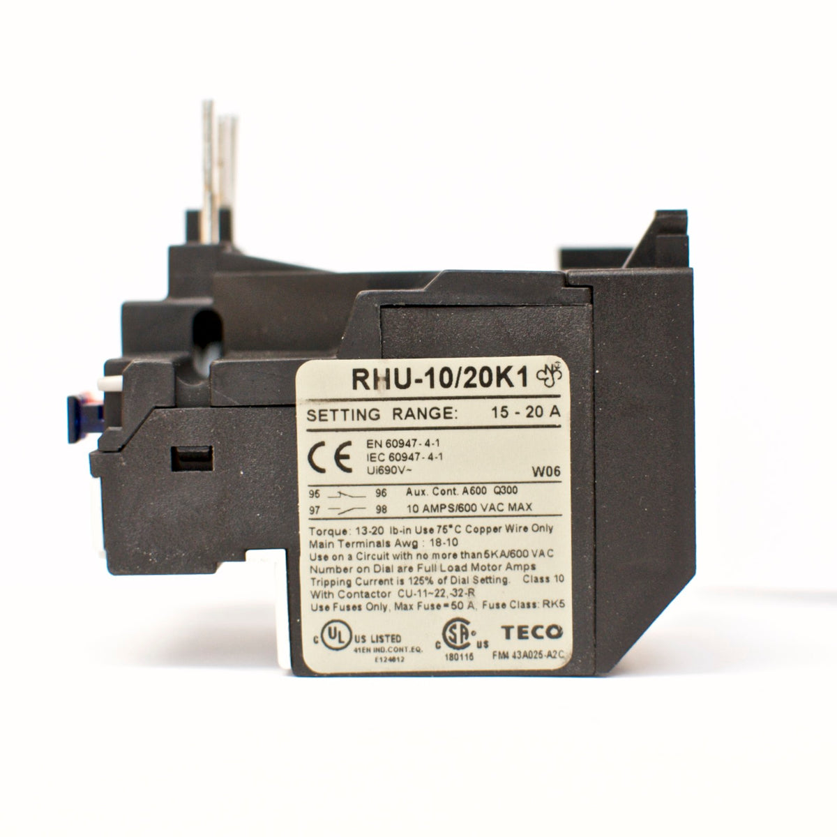 TECO RHU-10/20K1 thermal overload relay, Amp range: 15 ~ 20A