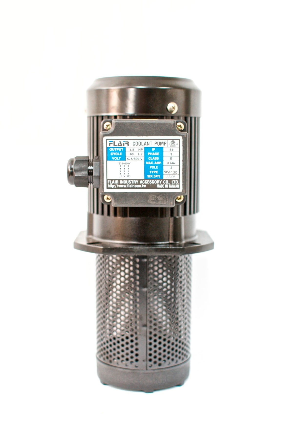1/8 HP Filtered Coolant Pump, FLAIR SP-8130-575/600V-3 prewired 575V.L=130mm(5")