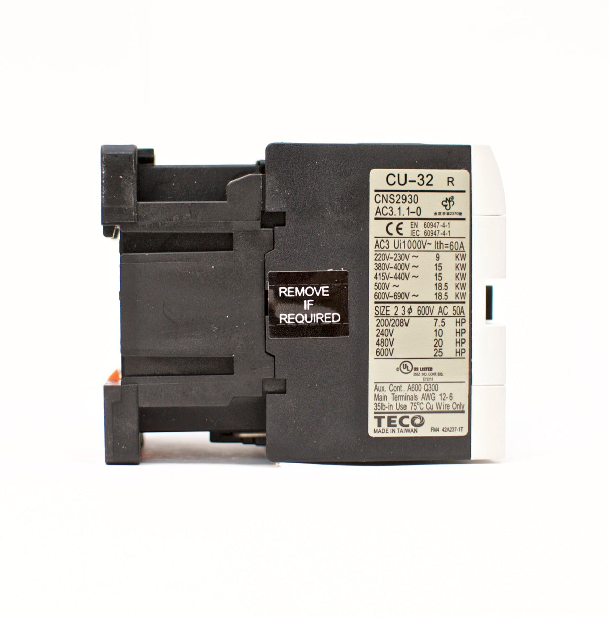 TECO CU-32R magnetic contactor, 50 Amp, 3 phase, 24v coil, 3A1a1b (NO and NC)