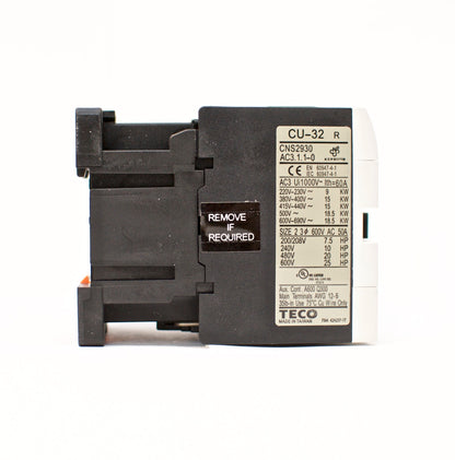 TECO CU-32R magnetic contactor, 50 Amp, 3 phase, 24v coil, 3A1a1b (NO and NC)