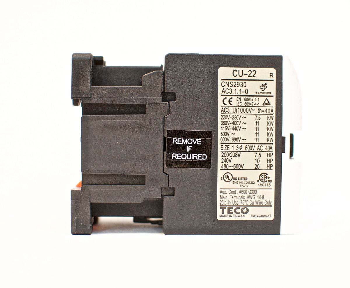 TECO CU-22 Magnetic Contactor, 40 Amp, 3 Phase, 220V coil, 3A1a1b (NO and NC)