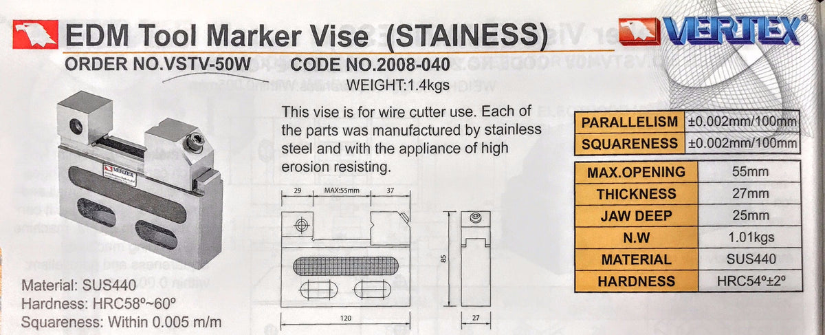 Wire Cut EDM Toolmaker Stainless Hardened Vise, 2" Opening, VERTEX VSTV-50W