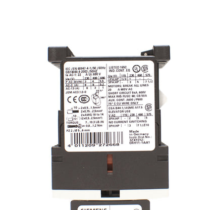 Siemens Contactor 3RT1016-1AF01, 110V Coil, with Aux Contacts 3RH1911-1FA22