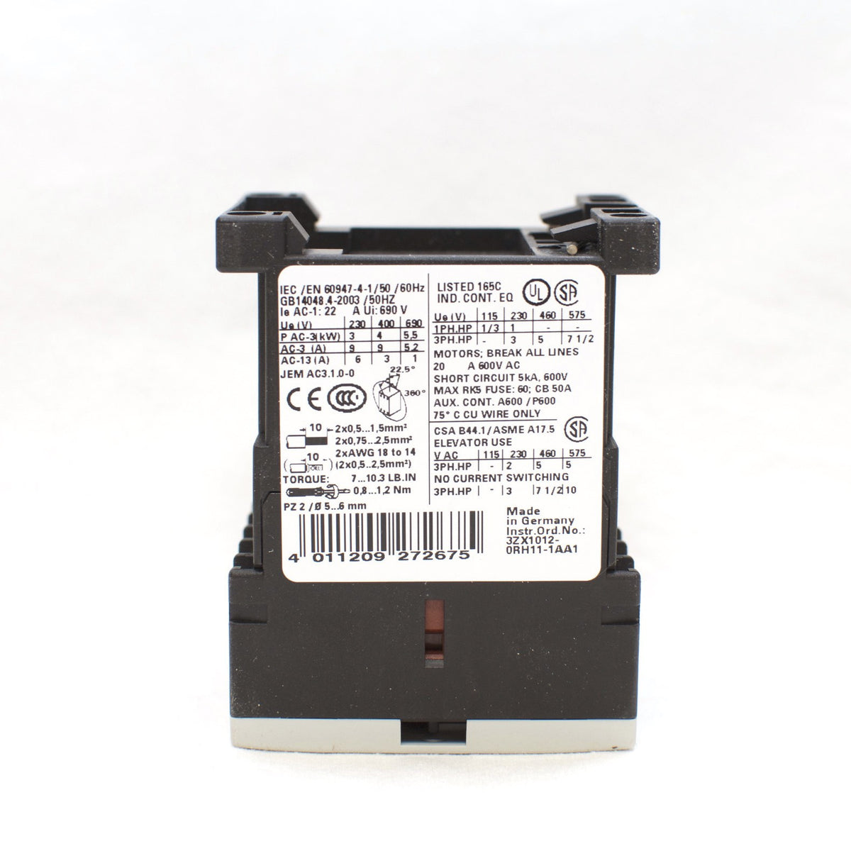 Siemens Magnetic Contactor 3RT1016-1AF02, 3-Pole, 110VAC Coil