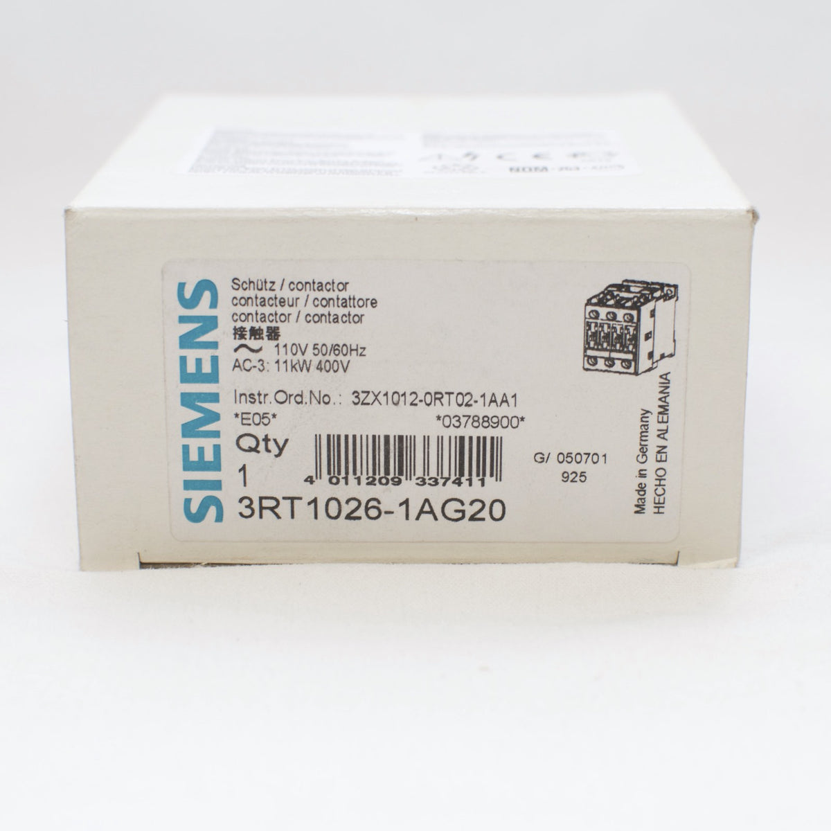 Siemens Magnetic Contactor 3RT1026-1AG20, 110V coil