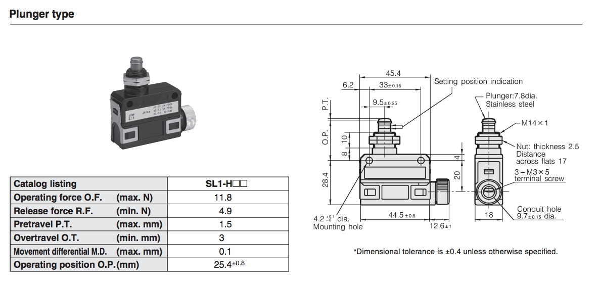 Yamatake / Azbil SL1-H Limit Switch / Micro Switch with Plunger Type