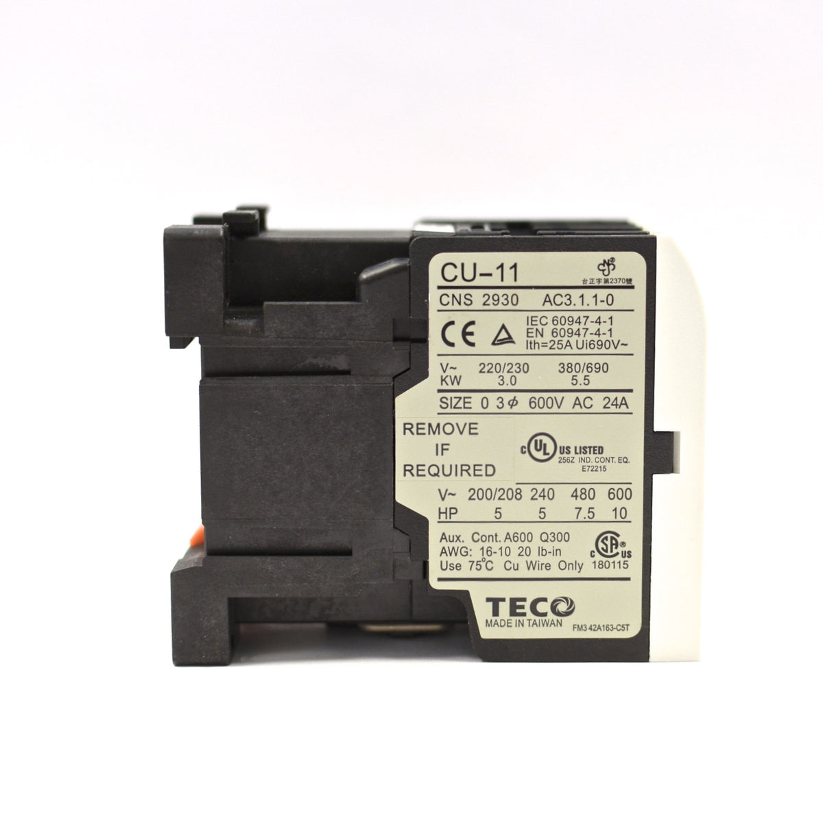 TECO CU-11 magnetic contactor, 480V coil, 3A1b N/C (Replaces TAIAN CN-11)