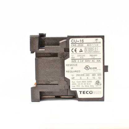 TECO CU-16 Magnetic Contactor, 24VAC Coil Voltage, 3A1b (Normally Closed)