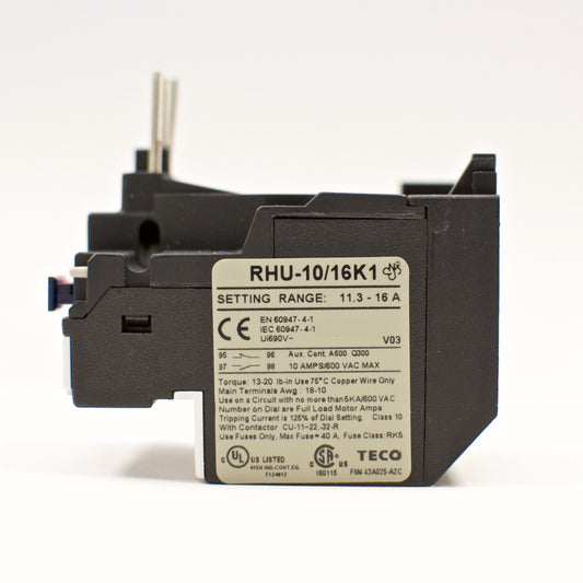 TECO RHU-10/16K1 thermal overload relay, Amp range: 11.3 ~ 16A